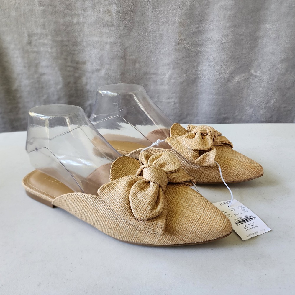 J.Crew Mules Shoes Womens Size 8 Bow Pointed Toe Toasted Straw Raffia